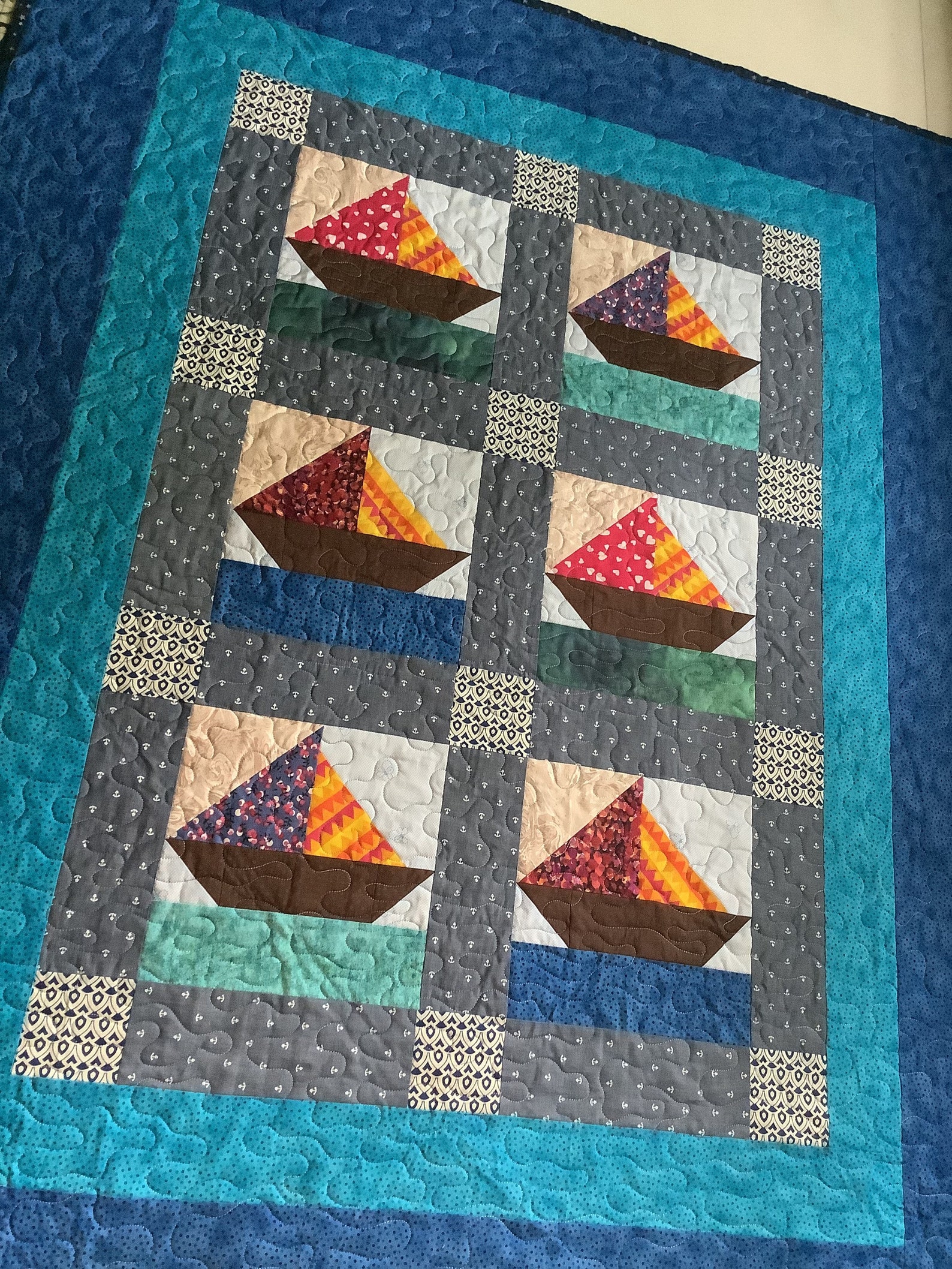 Nautical Theme Quilt, Ship Quilt, Ocean and Star Quilt, Star Baby Quilt