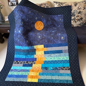 Stary night quilt, van gogh inspired art, star quilt, quilted throw, stars in the night sky throw, moon patchwork quilt, homemade quilt sale image 4