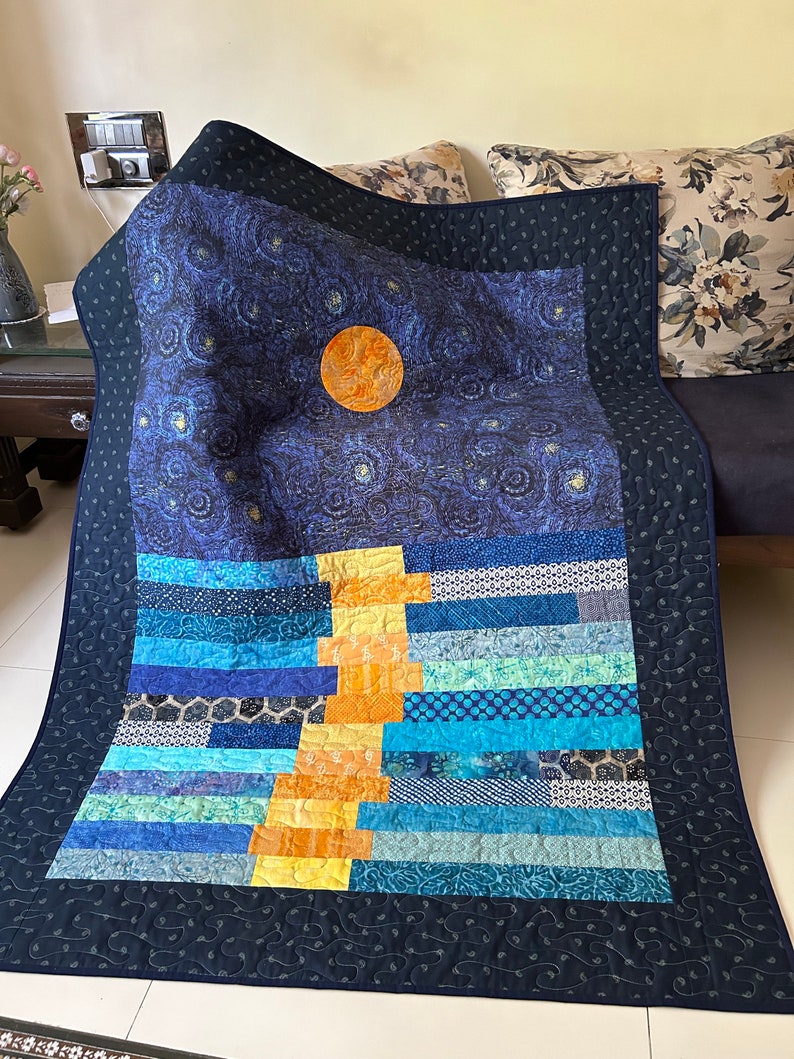 Stary night quilt, van gogh inspired art, star quilt, quilted throw, stars in the night sky throw, moon patchwork quilt, homemade quilt sale image 4