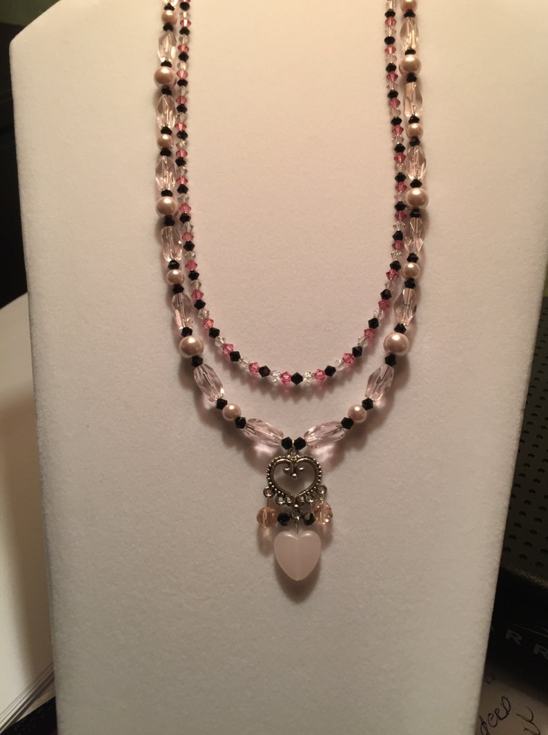 Double Strand Pink and Black Drop Heart Necklace - Etsy