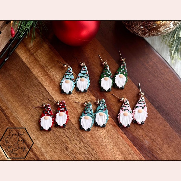 Whimsical Wonders: Christmas Gnomes with Christmas Lights Dangle Earrings – Handmade Clay Earrings from the 2023 Christmas Collection!