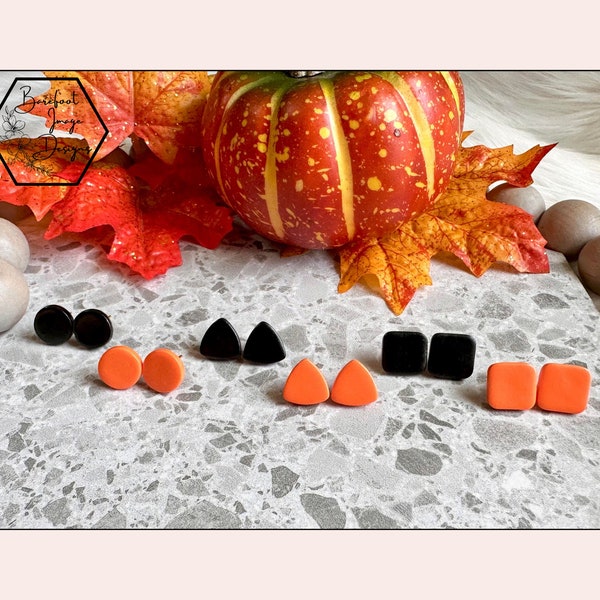 Sleek Elegance: Handmade Clay Halloween Stud Earrings - Basic Black & Orange Delights in Round, Triangle, and Square Shapes!