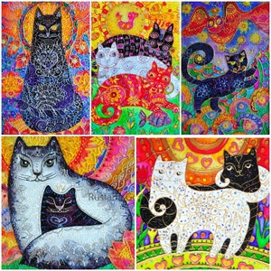 Stampa d'arte Pittura di gatto Arte di vetro colorato Regalo di gattara pazza Biglietto di compleanno Gattino bianco nero Ornamento Kawaii Amante degli animali Illustrazione carina
