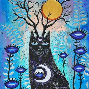 Art print Wild Catalope Moon cat Horned god Full Moon art Witch altar Moon Goddess painting Pagan art Druid decor Lunar illustration