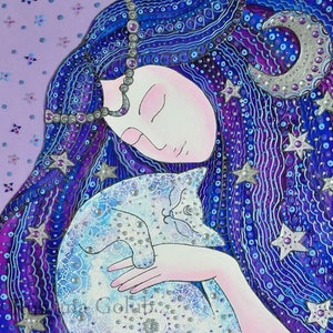 Impression d’art Déesse de la Lune sorcière chat magique Chat blanc Carte de fête des mères Décor de sorcière de cuisine Illustration Boho Autel païen Cadeau d’amant de chat