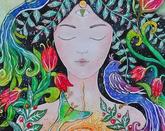 Impressão artística Gaia: Mãe Natureza, Deusa da Terra, Bruxa da Floresta, Arte Feminina, Ilustração Boho, Arte Espiritual, Decoração Pagã, Presente de Aniversário