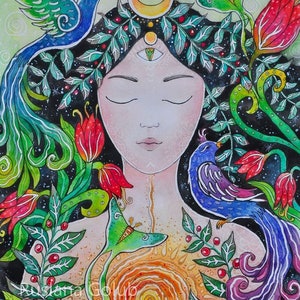 Art print Gaia Mother Nature Earth Goddess Forest witch Feminine Bohemian illustration Luna moth Spiritual art Druid altar Pagan decor