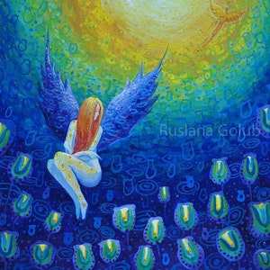 Art print Angel Guardian schilderij Cherub Seraph vleugels spirituele feniks Fairy mythologie magisch licht Aura illustratie heidense Wicca kaart