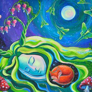 Art print Mother Nature Gaia Earth Goddess Feminine Fox Fern Kitchen witch Full moon Luna moth Spiritual painting Druid altar Pagan decor