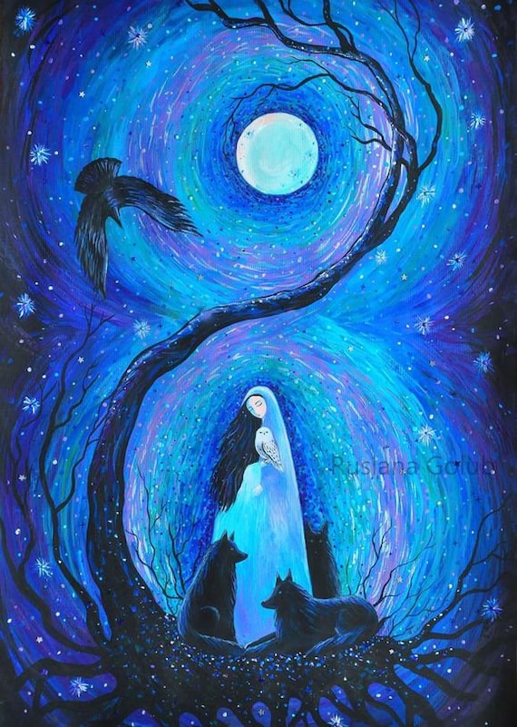Art print Mother Earth Gaia Kitchen witch decor Full moon Mother Nature Goddess Spiritual painting Wolf guardian Lunar crow Druid altar