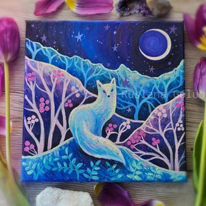 Peinture originale magique renard blanc lune déesse nuit étoilée sorcière autel décoration gothique illustration boisé carte d'anniversaire cadeau de Noël