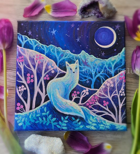 Original painting Magical white Fox Moon Goddess Starry night Witch altar Gothic decor Woodland illustration Birthday card Christmas gift
