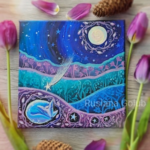 Impression d'art de peinture originale renard magique étoile filante pleine lune sorcière décor renard somnolent illustration des bois nuit étoilée cadeau d'anniversaire