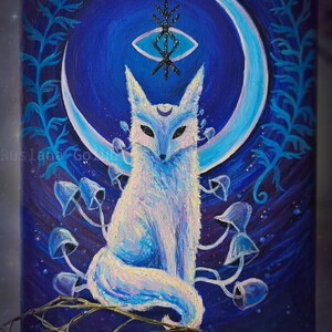 Impression d'art Renard blanc magique avec champignons sur la lune Autel de sorcière Décor gothique Illustration de la forêt Carte nuit étoilée Cadeau de Noël Art lunaire