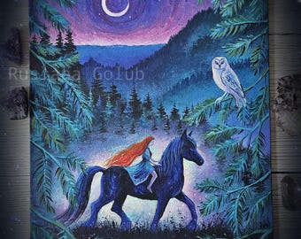 Dipinto originale Rhiannon Moonlit Rider Fantasy woodland Ragazza dai capelli rossi su cavallo blu Arte ispirata alla foresta Gufo magico Decorazione strega