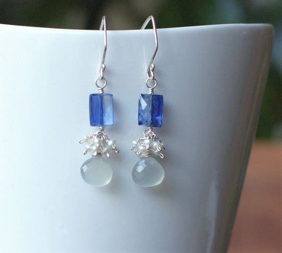 Kyanite Earrings Moonstone Earrings Kyanite Bridal Jewelry Gift for her Silver Earrings Silver Moonstone