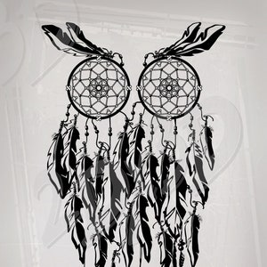 May include: Black and white owl-shaped dreamcatcher design. Two circular woven dreamcatcher elements form the eyes, with feathers and beads hanging below. The design is a vector graphic, suitable for various digital applications.