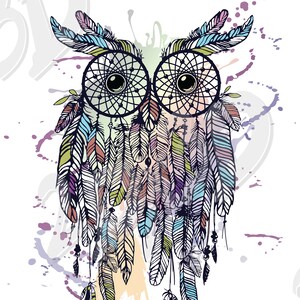 May include: A colorful dreamcatcher with feathers and a black owl design. The dreamcatcher is surrounded by watercolor splatters in shades of pink, purple, and blue. The text "DREAMY DAYS" is written below the dreamcatcher.