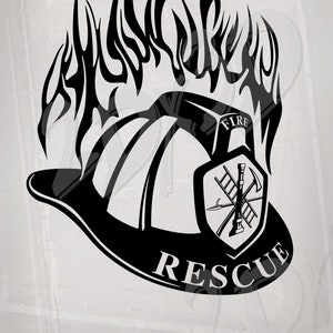 May include: Black and white illustration of a firefighter helmet with flames, a shield with a ladder, axe, and hose, and the words "FIRE" and "RESCUE".