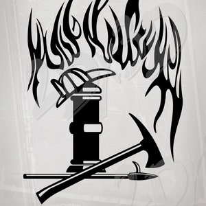 May include: Black and white graphic of a firefighter's emblem. The design includes a fire hydrant, axe, and halligan bar, with flames and the word "Firefighter" in a stylized font. The image is suitable for apparel or decals.