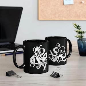 Octopus Mug, Marine Animals Fauna Coffee Cup, Sea Creature Tea Mug, Nautical Black Mug Gift, Ocean Lover Drinkware, Underwater Creature