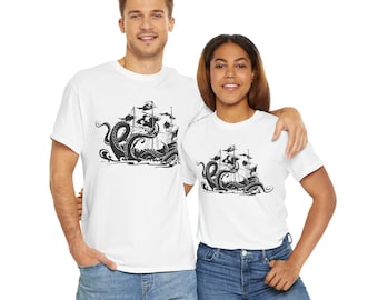 T-shirt graphique bateau pirate et pieuvre : chemise d'aventure nautique