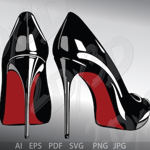 May include: A pair of black high-heeled shoes with red soles. The shoes are made of patent leather and have a pointed toe.