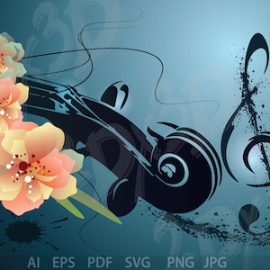 Illustration vectorielle de violon et de fleurs : conception de clé de sol (téléchargement numérique)