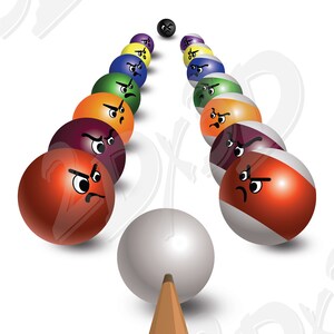 May include: A white billiard ball with a brown cue stick in front of it. The cue stick is pointed at the white ball. There are 15 billiard balls in the background, all with angry faces. The balls are arranged in two lines, with the black ball in the center.