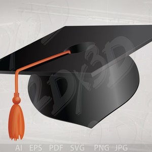 May include: A black graduation cap with an orange tassel. The cap is a traditional symbol of academic achievement.