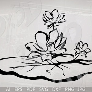 Puede incluir: Ilustración en blanco y negro de flores de loto. La obra presenta tres flores, con una gran flor central y dos más pequeñas. Las flores están colocadas sobre una hoja grande. La imagen incluye opciones de tipo de archivo.