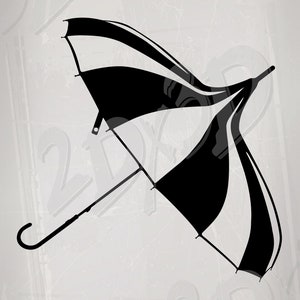 Könnte beinhalten: Illustration eines geöffneten schwarz-weißen Regenschirms. Der Regenschirm hat abwechselnd schwarze und weiße Felder. Der Griff ist gebogen. Der Hintergrund ist hellgrau mit dezenten Mustern. Einfacher, grafischer Stil.