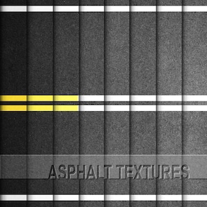 May include: A close-up of a black asphalt road surface with white and yellow painted lines. The text "ASPHALT TEXTURES" is printed in the center of the image.