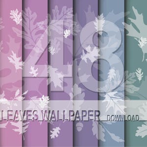 Puede incluir: Diseño de papel pintado digital con un patrón de hojas repetido en tonos rosa, morado y turquesa. El número "48" está superpuesto, con el texto "LEAVES WALLPAPER DOWNLOAD" en la parte inferior. Diseño decorativo.