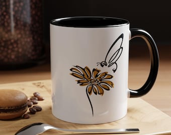 Bee and Flower Coffee Mug, Botanical Nature Mug, Floral Garden Cup, Honeybee Tea Mug, Spring Coffee Cup, Cute Insect Art Gift