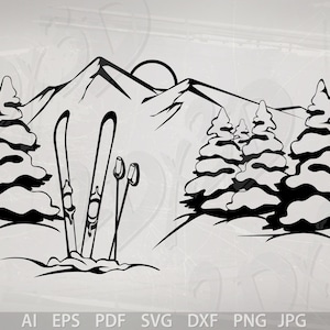 Vector MOUNTAIN winter landscape, ski, PDF, SVG, ai, eps, dxf, png, jpg Download files, Digital file in black, graphical, discount coupons
