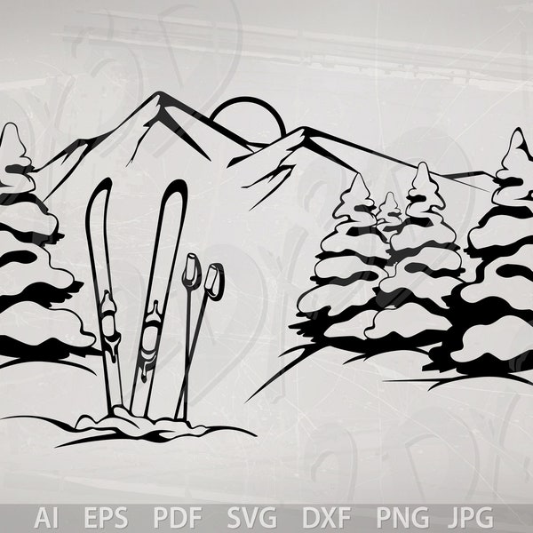 Vektor BERG Winterlandschaft, Ski, PDF, SVG, ai, eps, dxf, png, jpg Download Dateien, digitale Datei in schwarz, grafisch, Rabattcoupons