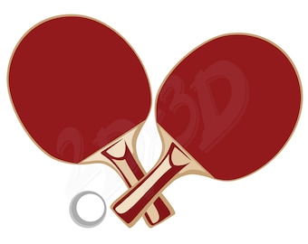 May include: Two red ping pong paddles crossed over each other with a white ping pong ball in the lower left corner.