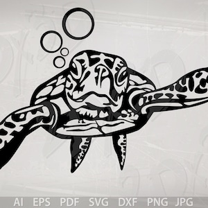 May include: Black and white silhouette of a sea turtle with bubbles coming out of its mouth. The turtle is swimming underwater.