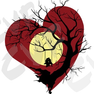 May include: Silhouette of a couple sitting on a swing in a bare tree, with a full moon behind them. The tree is inside a red heart shape.