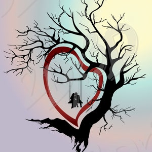 May include: A silhouette of a bare tree with a red heart shape formed by its branches. A couple sits on a swing inside the heart shape.
