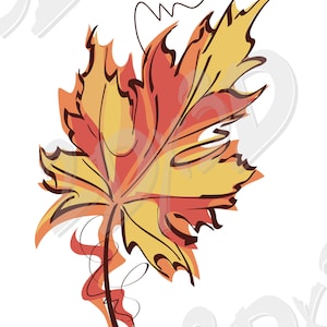 May include: A stylized illustration of a fall leaf in shades of yellow, orange, and red, with dark brown outlines and a whimsical, curved stem. The leaf design is set against a white background, with the file type options at the bottom.