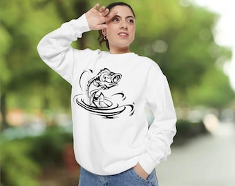 Fishing Sweatshirt, Bass Fish Jumper, Angler Clothing, Outdoor Adventure Top, Wildlife Print Pullover, Nature Lover Gift