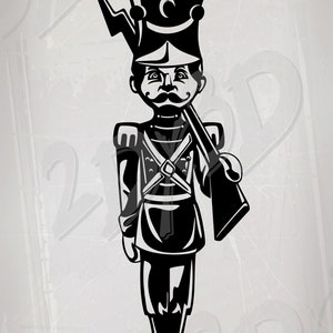 May include: Black and white silhouette of a toy soldier with a gun and a tall hat. The soldier is standing at attention.