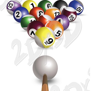 May include: A graphic illustration of a pool game setup. A triangle of numbered billiard balls in various colors is positioned above a white cue ball and a brown cue stick. The balls are numbered from 1 to 15.