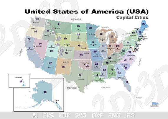 Vector abbreviation colored USA State Capital map svg ai eps | Etsy