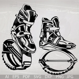 May include: Black and white illustration of two pairs of spring-loaded shoes. The shoes have a high top design with buckles and straps. The shoes are attached to a spring-loaded platform.