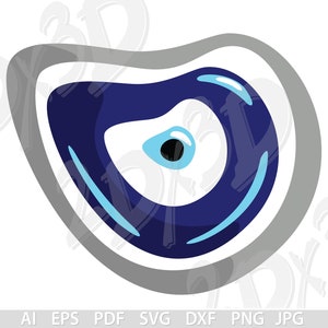 Könnte beinhalten: Stilisierte Illustration eines blauen bösen Augensymbols, mit einer dunkelblauen Iris, einer hellblauen Pupille und einem weißen und hellblauen Design, vor weißem Hintergrund. Das Auge wird von einem grauen, ovalen Rahmen umgeben.