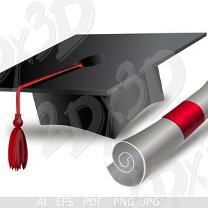 May include: A black graduation cap with a red tassel and a rolled up gray diploma with a red stripe.