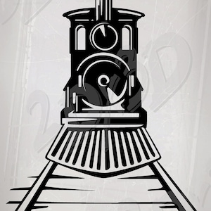 May include: Black and white silhouette of a vintage steam locomotive with a large smokestack and wheels. The locomotive is on a set of railroad tracks.